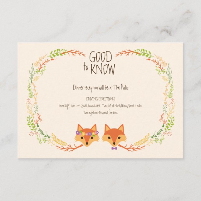 Tarjeta De Recepción Whimsical Woodland Foxes Ivory Boda Info Card (Anverso)