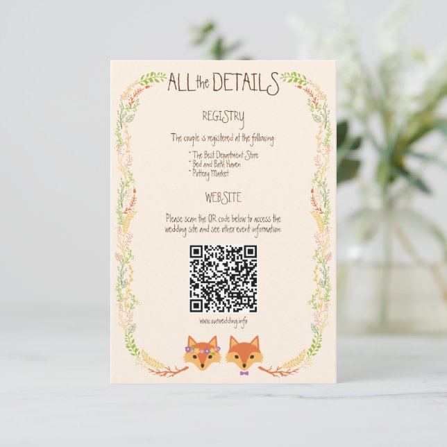 Tarjeta De Recepción Whimsical Woodland Foxes (Ivory) Rústico Boda (Anverso de pie)