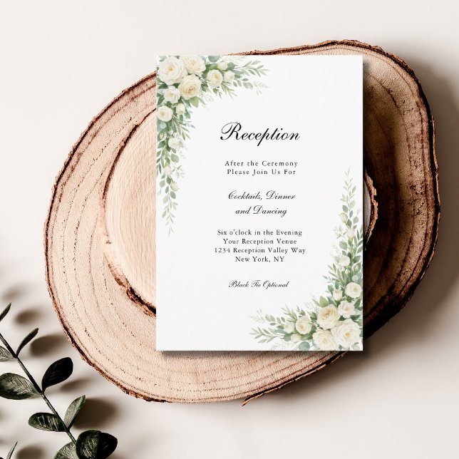 Tarjeta De Recepción White Cream Roses Floral Wedding Reception  (White Cream Watercolor Roses Wedding Reception Enclosure card)