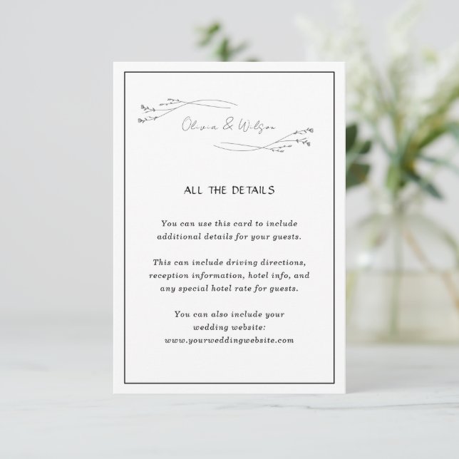 Tarjeta De Recepción White Elegant Minimalist Botanical Wedding Details (Anverso de pie)