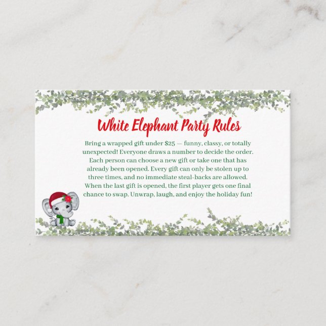 Tarjeta De Recepción White Elephant Party Rules Card | Funny & Elegant  (Anverso)