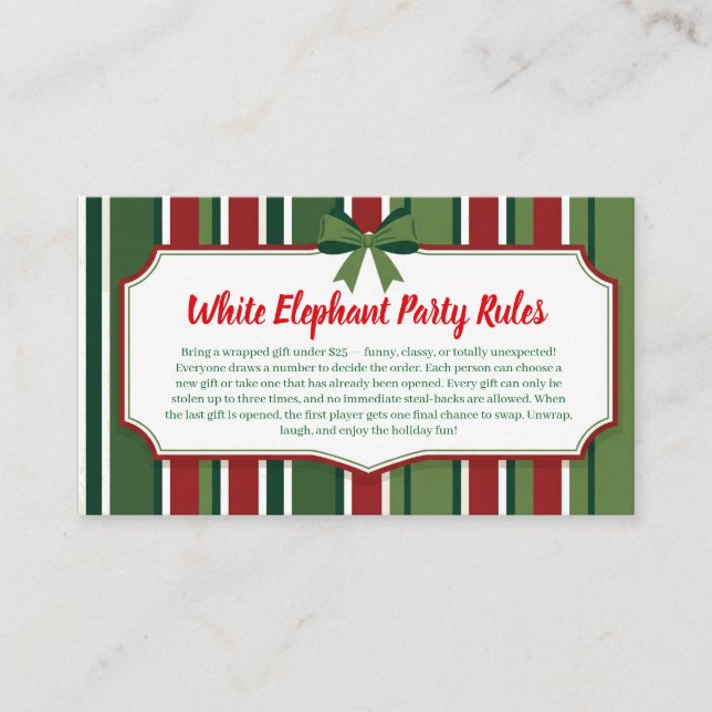 Tarjeta De Recepción White Elephant Party Rules Card | Funny & Elegant  (Anverso)