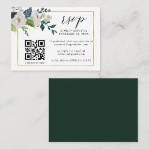 Tarjeta De Recepción White Floral Emerald Gold Boda de código QR Boda R