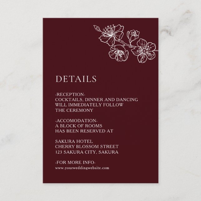 Tarjeta De Recepción White Floral Line Art Burgundy Wedding (Anverso)