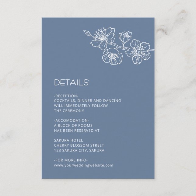 Tarjeta De Recepción White Floral Line Art Dusty Blue Wedding (Anverso)