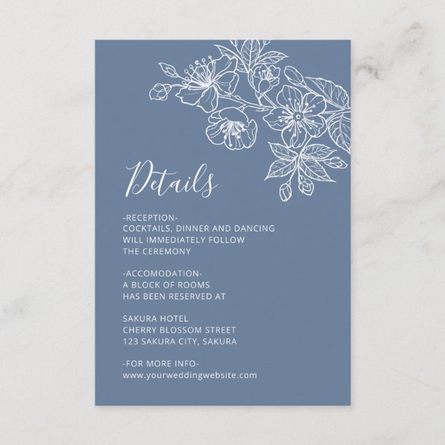 Tarjeta De Recepción White Floral Line Art Dusty Blue Wedding (Anverso)