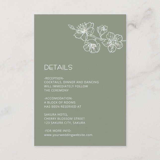 Tarjeta De Recepción White Floral Line Art Sage Green Wedding (Anverso)