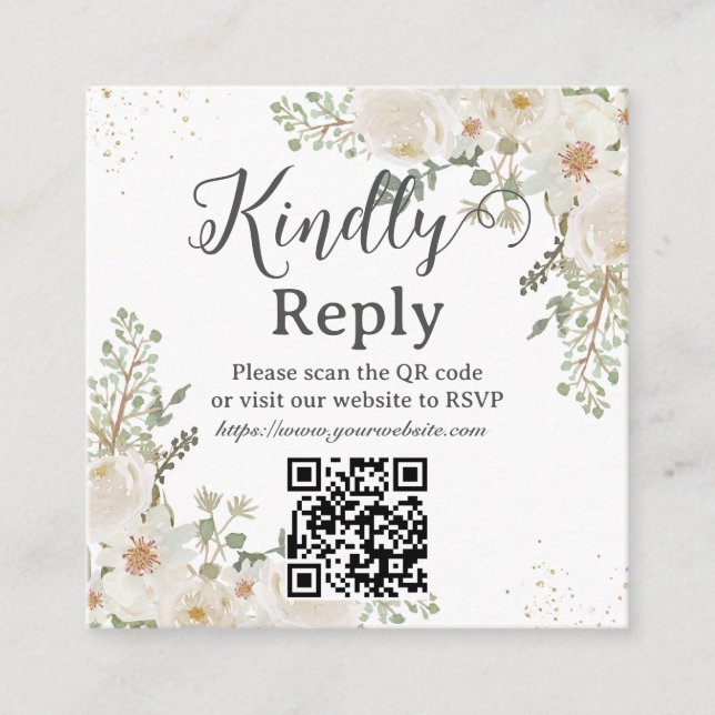 Tarjeta De Recepción White Ivory Floral Wedding Bridal Shower QR RSVP (Anverso)