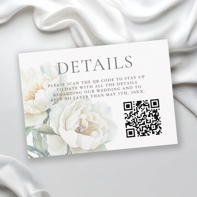 Tarjeta De Recepción White Peonies Floral Wedding Details QR code (Subido por el creador)