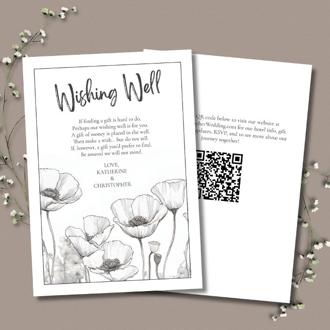 Tarjeta De Recepción White Poppies Boda Floral Elegante Deseando Bien (White Poppies Elegant Wishing Well Wedding Enclosure, coordinates with Peach Poppies Wedding Suite.)