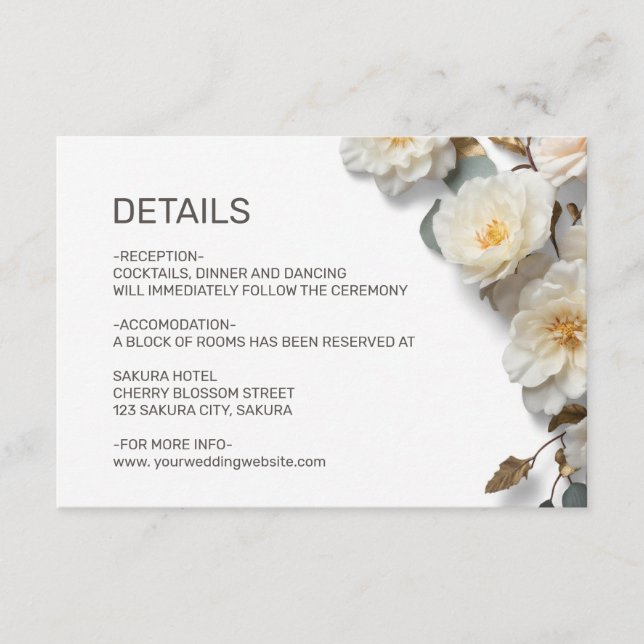 Tarjeta De Recepción White Roses Textured Flowerds Details (Anverso)