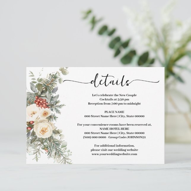 Tarjeta De Recepción White Winter Flowers Wedding Details Insert Card (Anverso de pie)