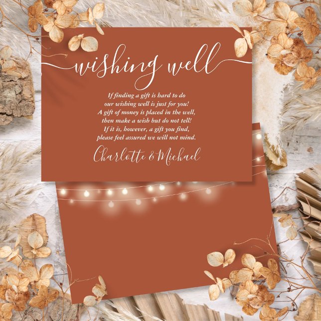 Tarjeta De Recepción Wike Well String ilumina a Terracotta Boda (Wishing Well String Lights Terracotta Wedding Enclosure Card)