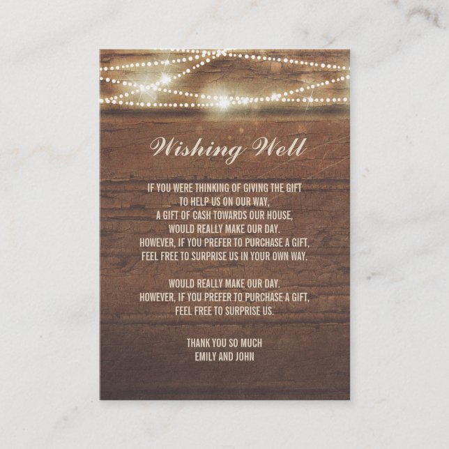 Tarjeta De Recepción Wike Well String Lights Barn Wood Boda (Anverso)