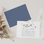 Tarjeta De Recepción Wild Forest Floral Honeymoon Wish<br><div class="desc">Esta tarjeta de presentación con flores de luna de miel de bosque silvestre es perfecta para un boda rústico. Este diseño presenta una acuarela pintada a mano con flores silvestres blancas y azules con follaje verde.</div>