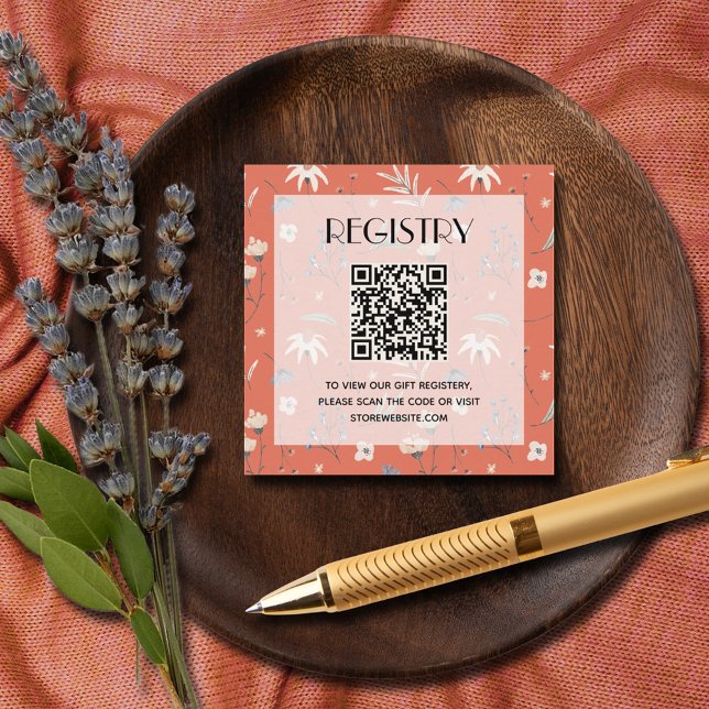 Tarjeta De Recepción Wildflower Baby Shower Registry QR Code Terracotta (Wildflowers on terracotta gender neutral baby shower gift registry QR Code enclosure cards)