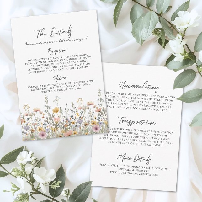 Tarjeta De Recepción Wildflower Floral Wedding Details (Wildflower Floral Wedding Details Enclosure Card)