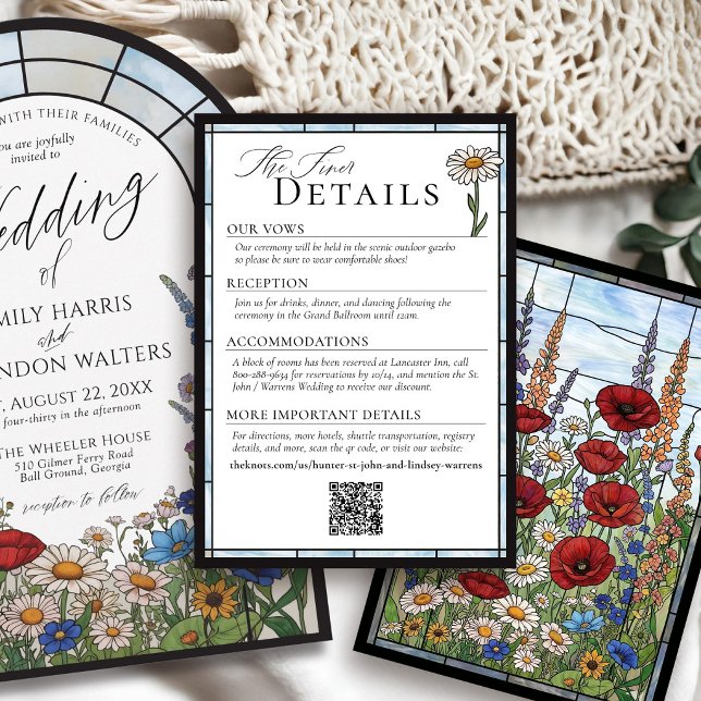 Tarjeta De Recepción Wildflower Stained Glass Floral Wedding Details (Elegant modern wildflower stained glass unique poppy daisy sunflower wedding invitation details card)