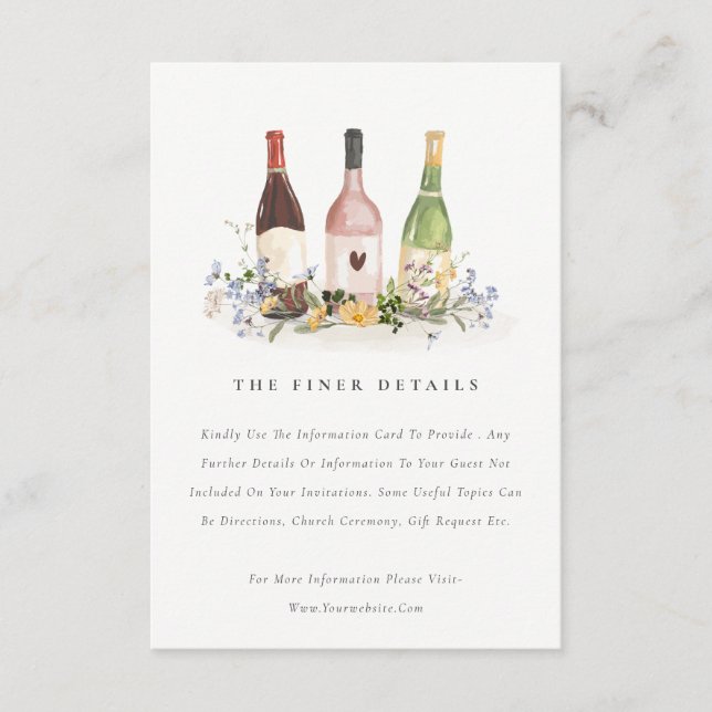 Tarjeta De Recepción Wildflowers Cheers Botellas de Vino Detalles Boda (Anverso)
