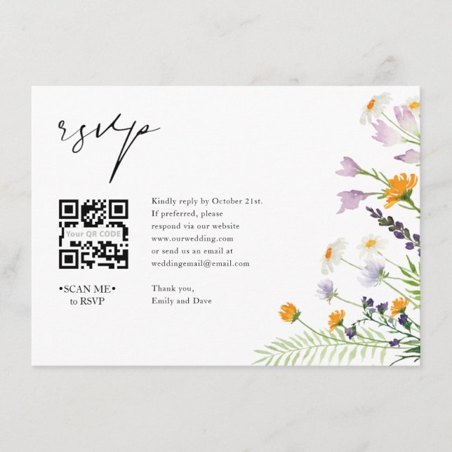 Tarjeta De Recepción Wildflowers RSVP Boda QR CODE Detalles de la espal (Anverso)