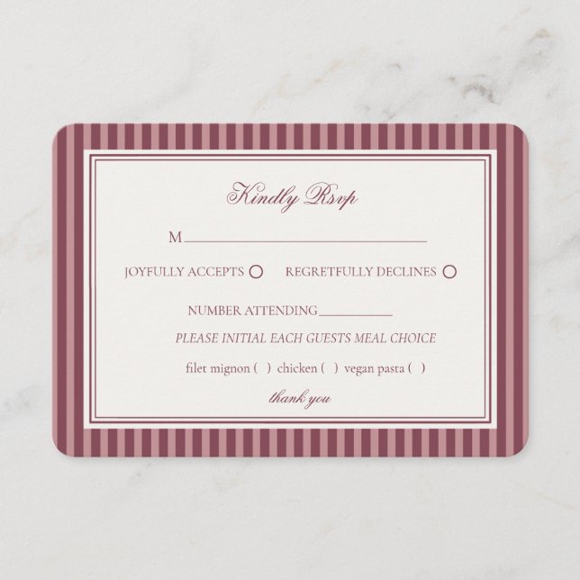 Tarjeta De Recepción Wine Vineyard Club Old Money Striped Wedding RSVP (Anverso)