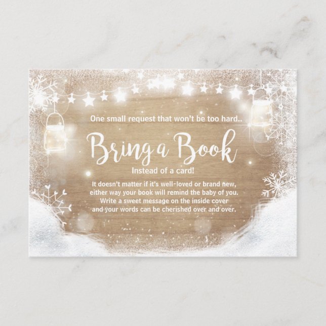 Tarjeta De Recepción Winter Baby Shower Bring a book Snow Rustic wood (Anverso)