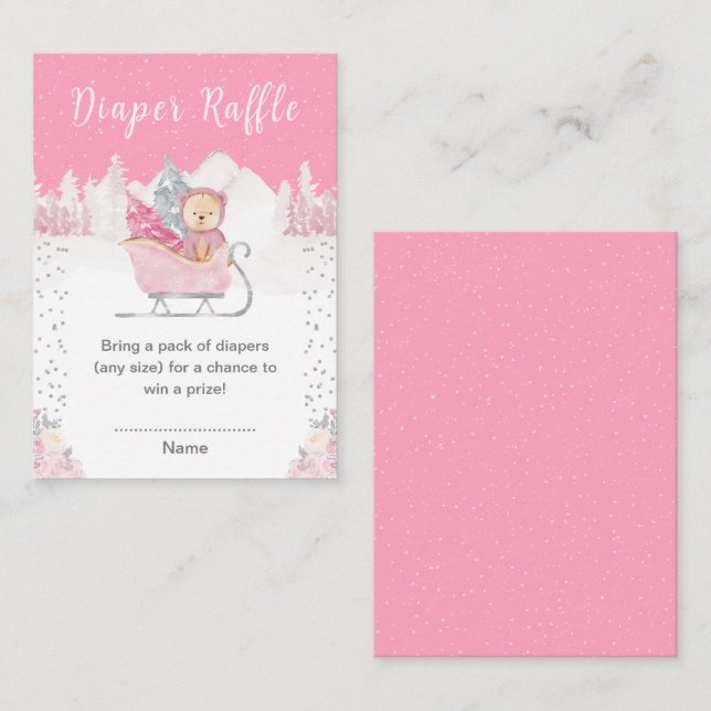 Tarjeta De Recepción Winter Bear Rosa Sleigh Diaper Raffle (Anverso / Reverso)