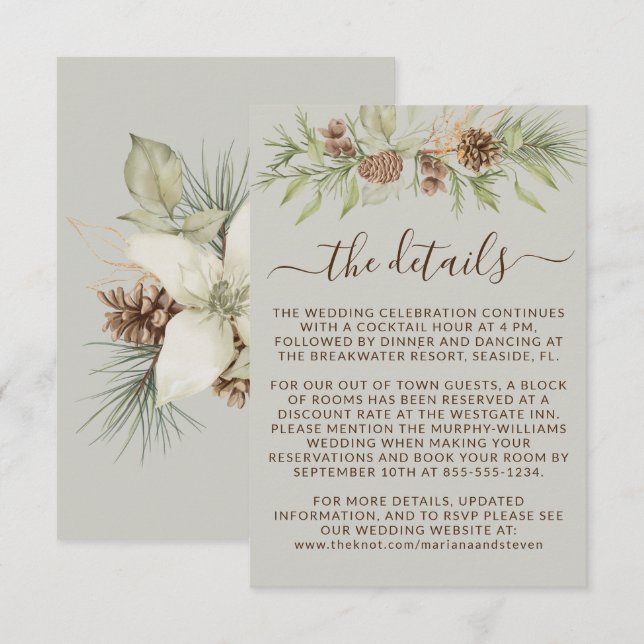 Tarjeta De Recepción Winter Beige Detalles Boda del sitio web RSVP (Anverso / Reverso)