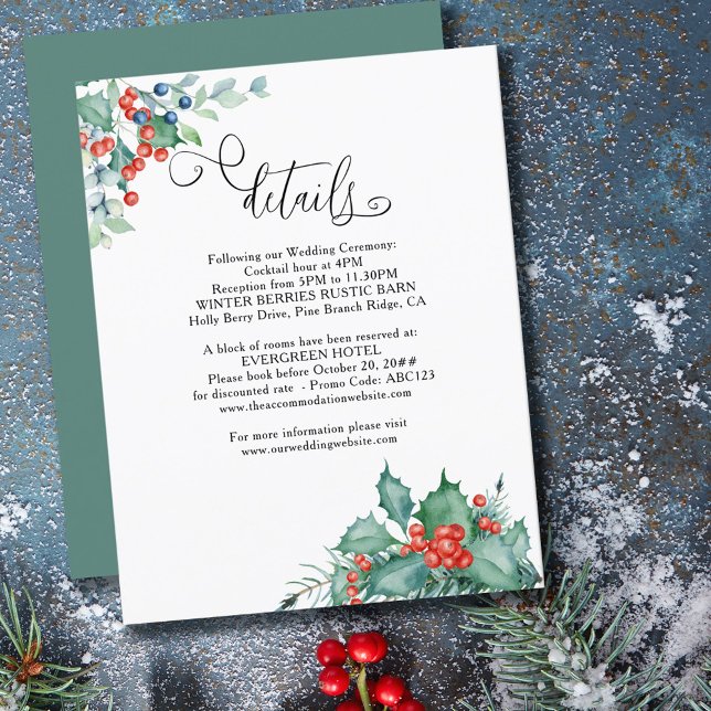 Tarjeta De Recepción Winter Berries and Holly Wedding Details (Subido por el creador)