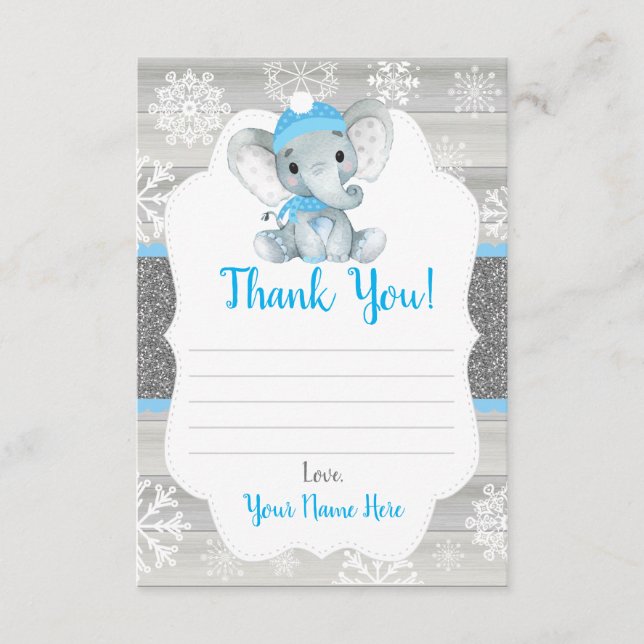 Tarjeta De Recepción Winter Elephant Blue Boy Gracias Tarjeta, rústico (Anverso)