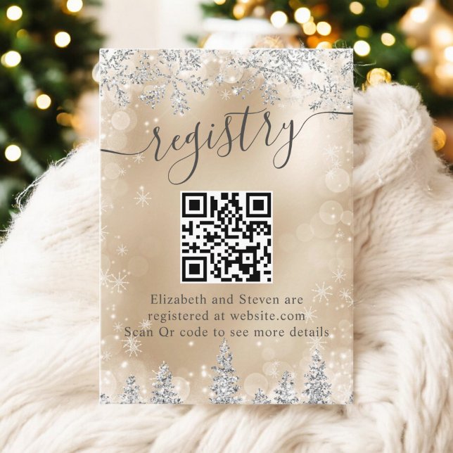 Tarjeta De Recepción Winter Gold Wonderland Bridal Shower Registro QR (Winter Gold Wonderland Bridal Shower QR Registry Enclosure Card)
