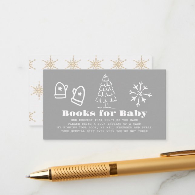 Tarjeta De Recepción Winter Gray Hand-Drawn Baby Shower Book Request (Anverso/Reverso In Situ)