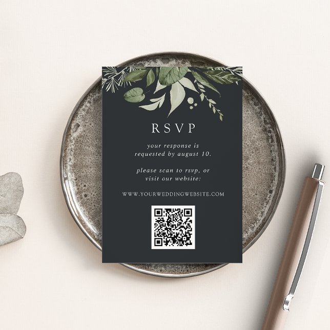 Tarjeta De Recepción Winter Meadow Green Botanical QR Code Wedding RSVP (Subido por el creador)