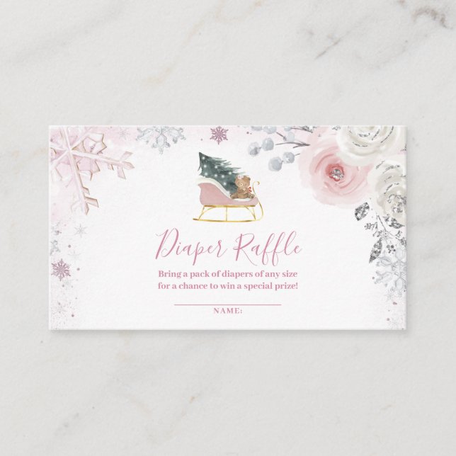 Tarjeta De Recepción Winter Pastel Pink Snowflake Sleigh Diaper Raffle (Anverso)