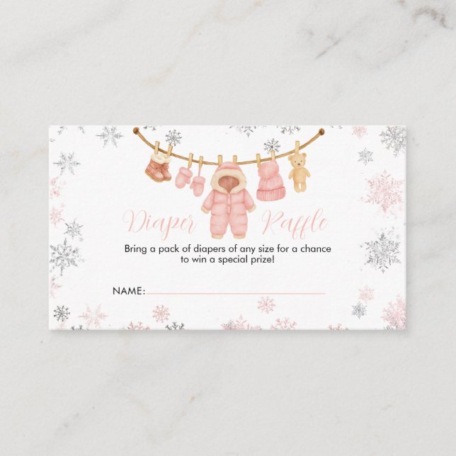 Tarjeta De Recepción Winter Pink Girl Baby Shower Snow Diaper Raffle (Anverso)