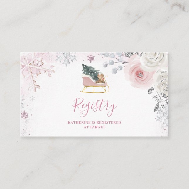 Tarjeta De Recepción Winter Pink Snowflake Sleigh Baby Shower Registry (Anverso)