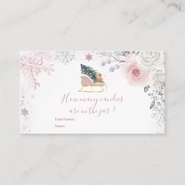 Tarjeta De Recepción Winter Pink Snowflake Sleigh How Many Candies (Anverso)