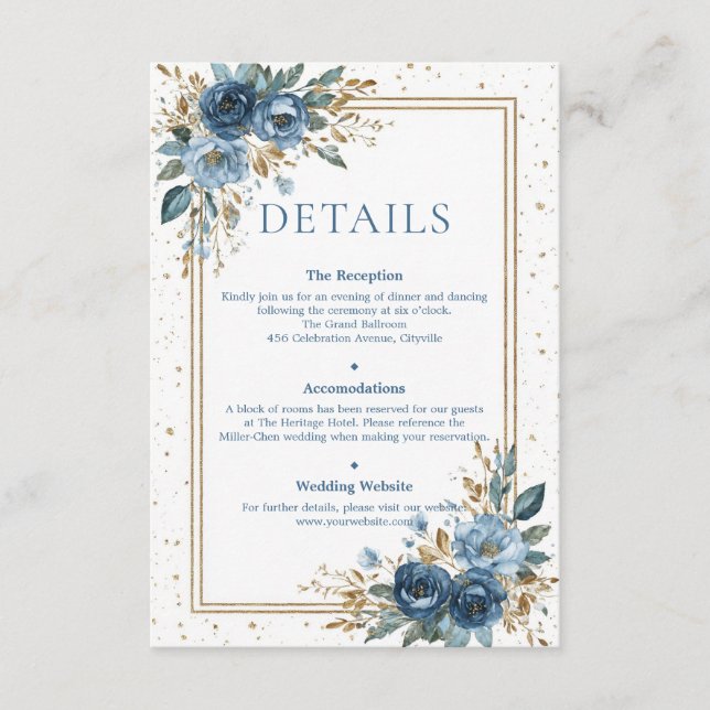 Tarjeta De Recepción Winter Sky Navy and Gold Floral Wedding (Anverso)