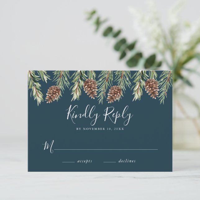 Tarjeta De Recepción Winter Watercolor Pine Cone Wedding RSVP (Anverso de pie)