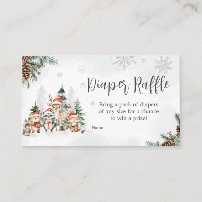 Tarjeta De Recepción Winter Woodland Animals Baby Shower Diaper Raffle (Anverso)
