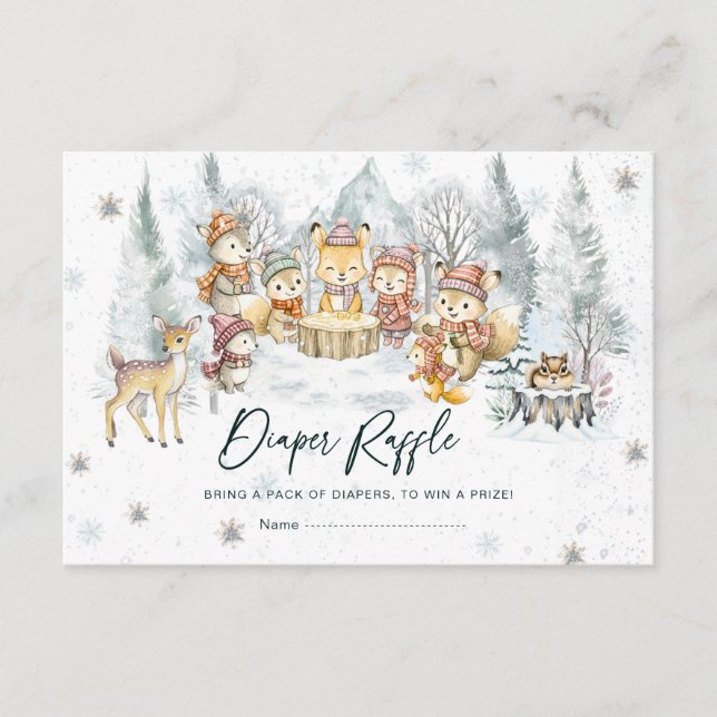 Tarjeta De Recepción Winter Woodland Animals Diaper Raffle Card (Anverso)