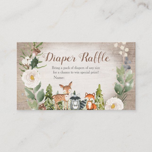 Tarjeta De Recepción Winter Woodland Diaper Raffle Floral Blanca (Anverso)