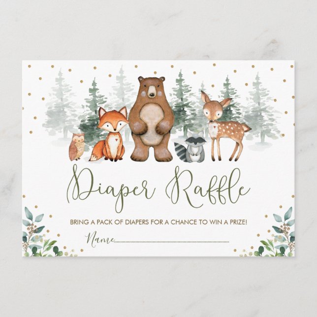 Tarjeta De Recepción Winter Woodland Forest Greenery Diaper Raffle (Anverso)