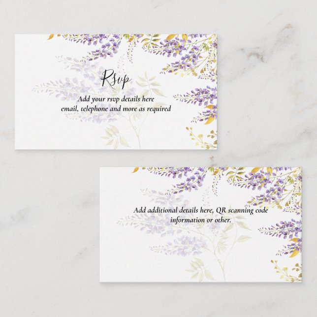 Tarjeta De Recepción Wisteria Púrpura RSVP Hotel Boda Detalles (Anverso / Reverso)