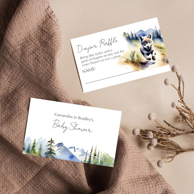 Tarjeta De Recepción Wolf salvaje aventurero bebé ducha de pañales rifa (Wolf themed baby shower diaper raffle card watercolor cute wolf cub running down the hill adventure)