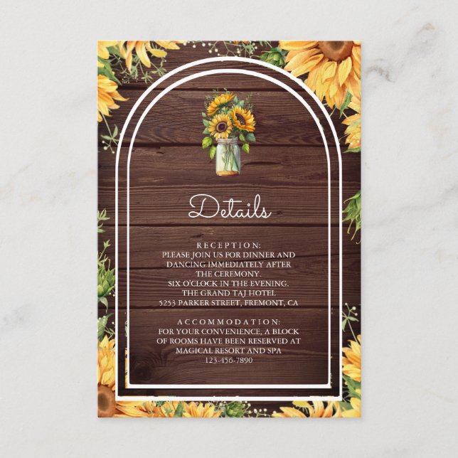 Tarjeta De Recepción Wood Sunflowers Mason Jar Arch Wedding Details (Anverso)