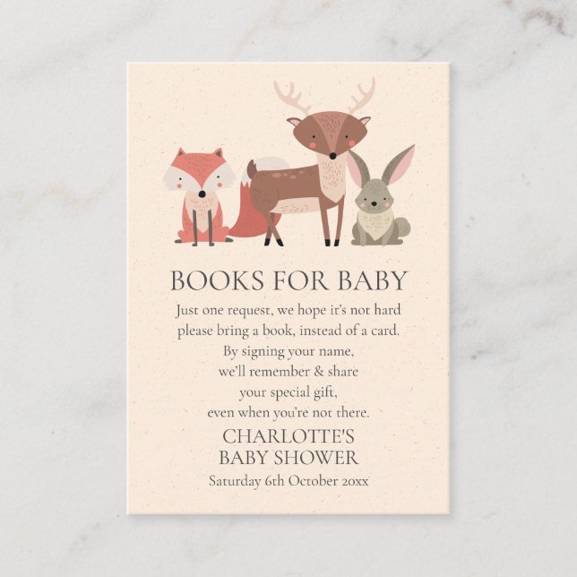 Tarjeta De Recepción Woodland Animals Book Request Forest Baby Shower (Anverso)