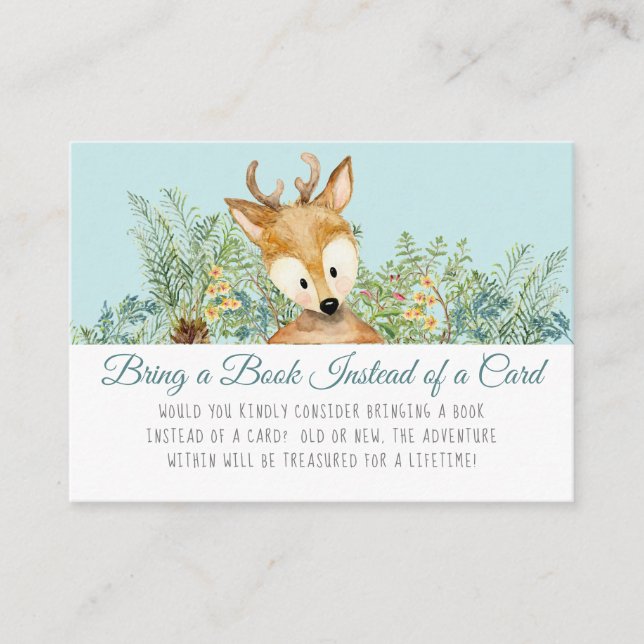 Tarjeta De Recepción Woodland Animals Deer Baby Boy llevan un libro (Anverso)