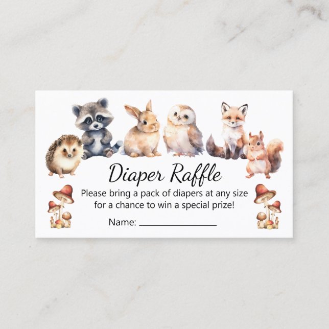 Tarjeta De Recepción woodland animals diaper raffle baby shower  (Anverso)