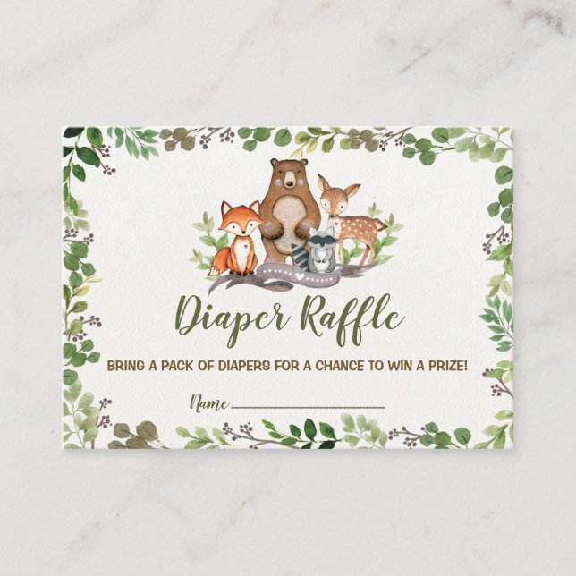 Tarjeta De Recepción Woodland Animals Diaper Raffle Green Forest (Anverso)